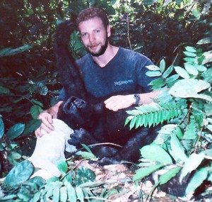 Bill with gorilla at gorilla orphange in Congo